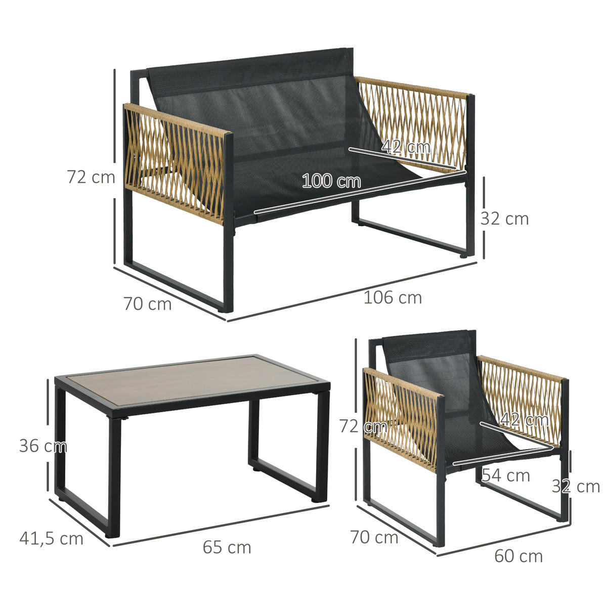GARTENSET 4-tlg Rattan mit Glastisch - Grau, Metall - Raelunyi