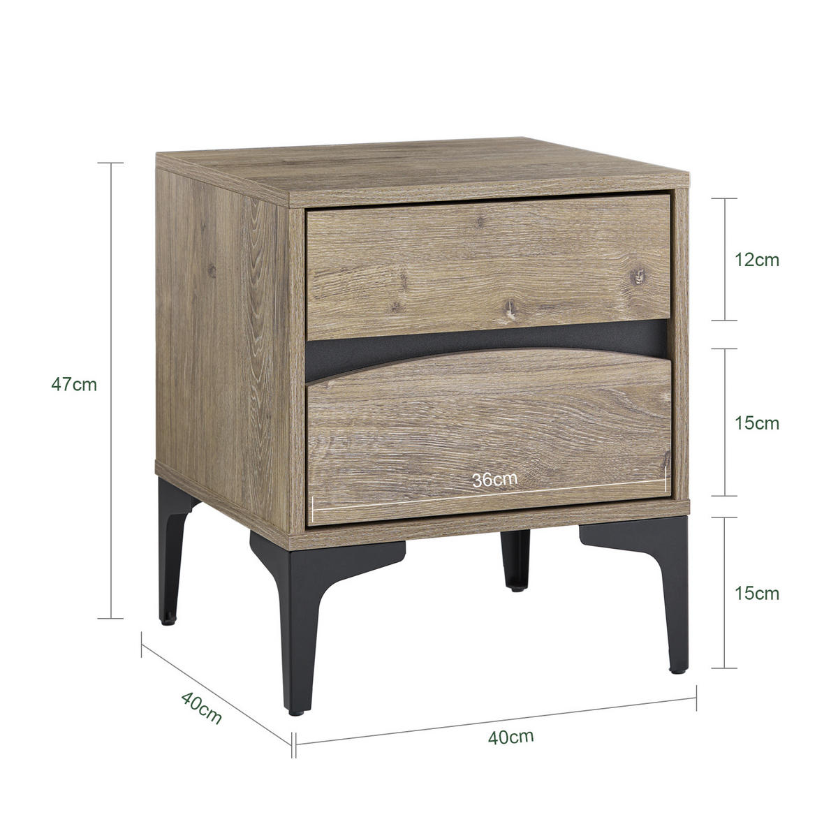 NACHTTISCH mit 2 Schubladen, 40×40×47 cm, Natur - Naturfarben, Holzwerkstoff (40/47/40cm) - SoBuy