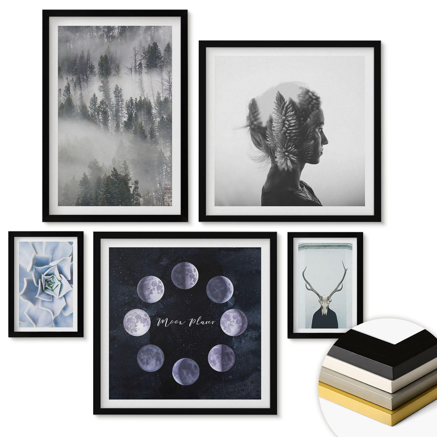 WANDBILDER 5er-Set - 50x50 cm & 20x30 cm & 40x60 cm Schwarzer Rahmen - Waldnebel, Mond, Schädel, Frau - Schwarz, Kunststoff (40/60cm) - ArtPrintCave