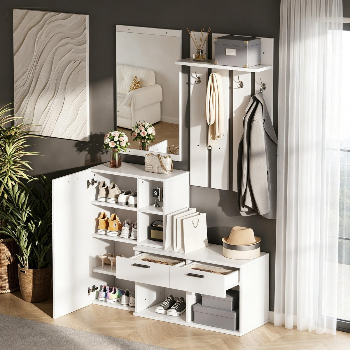 KOMPAKTGARDEROBE Spiegel Schuhschrank 2 Schubladen Weiß - Weiß, Holzwerkstoff (120/175.5/35cm) - FLIEKS