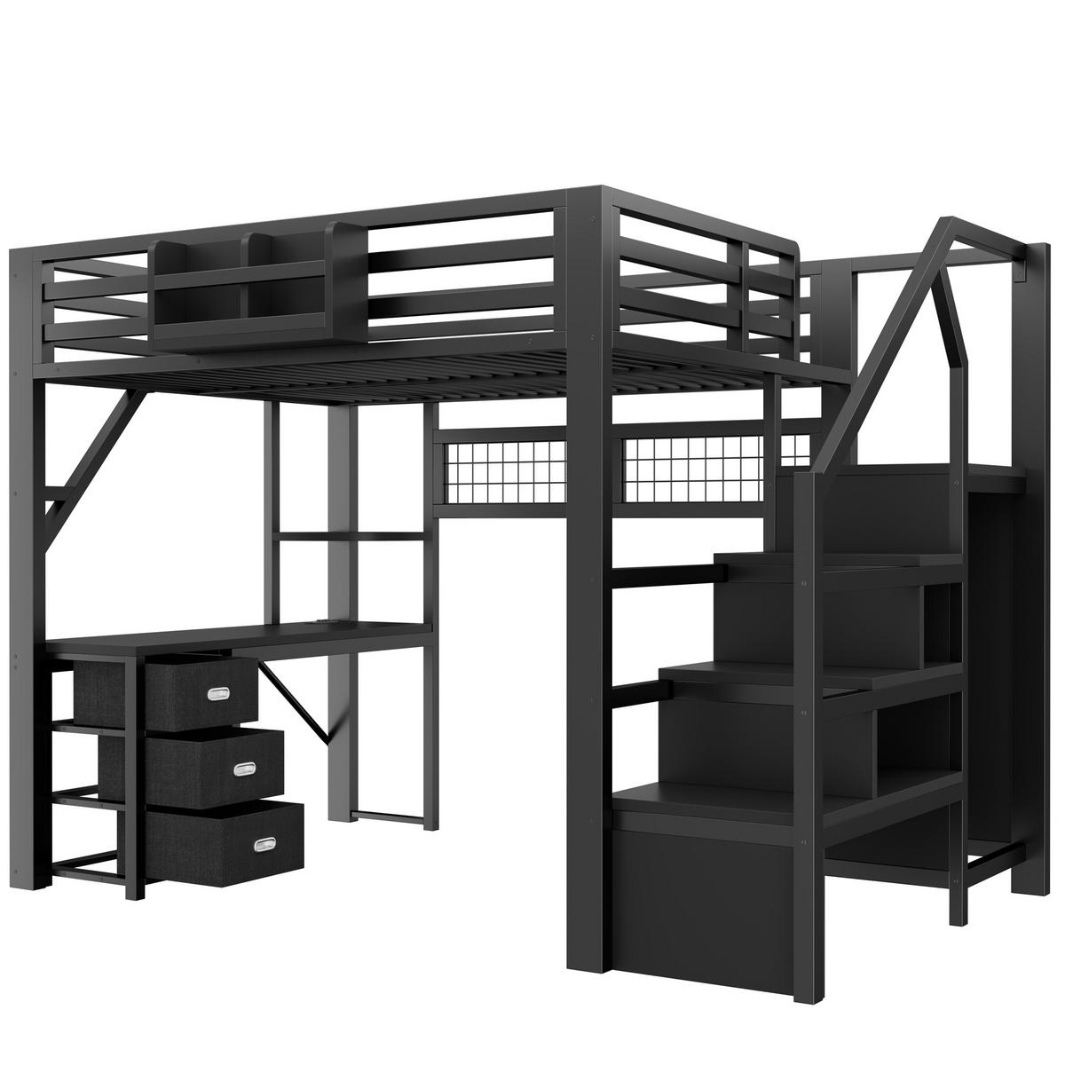 HOCHBETT 140x200 cm in Schwarz mit Schreibtisch, Kleiderschrank und LED-Beleuchtung - Schwarz, Holzwerkstoff (140/200cm) - IVMEU