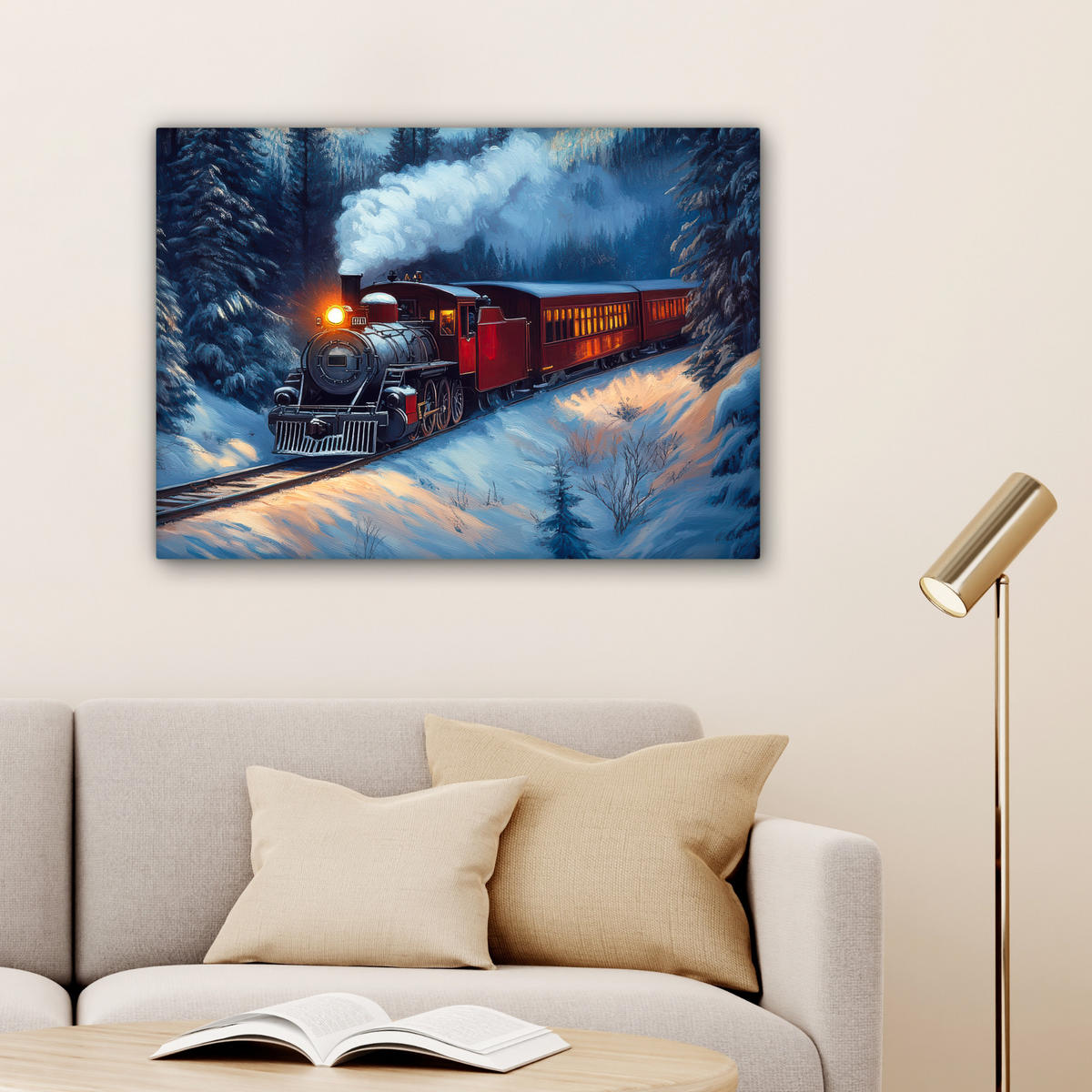 LEINWANDBILD Zug - Weihnachten - Schnee - Weihnachtszug Wandbilder 80x60 cm - Anthrazit, Textil (80/60cm) - MuchoWow