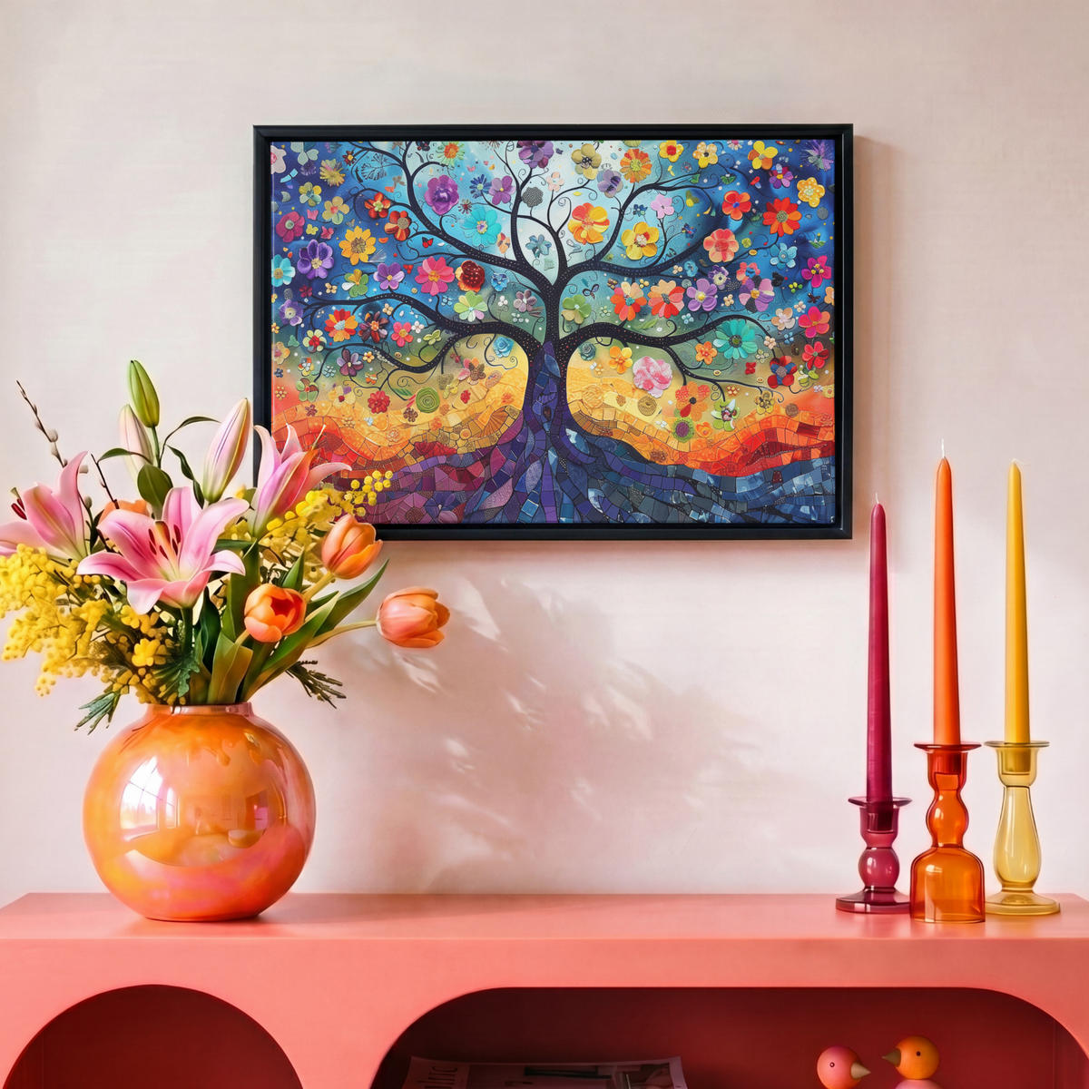 LEINWAND Bilder mit Rahmen - Kunst - Baum des Lebens - Blumen - Hippie - 30x20 - Dunkelblau, Textil (30/20cm) - MuchoWow
