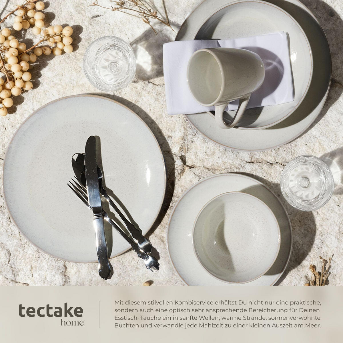 KOMBISERVICE Mare, ineinander stapelbar, Sand - Sandfarben, Keramik (26.5/2.5/26.5cm) - tectake