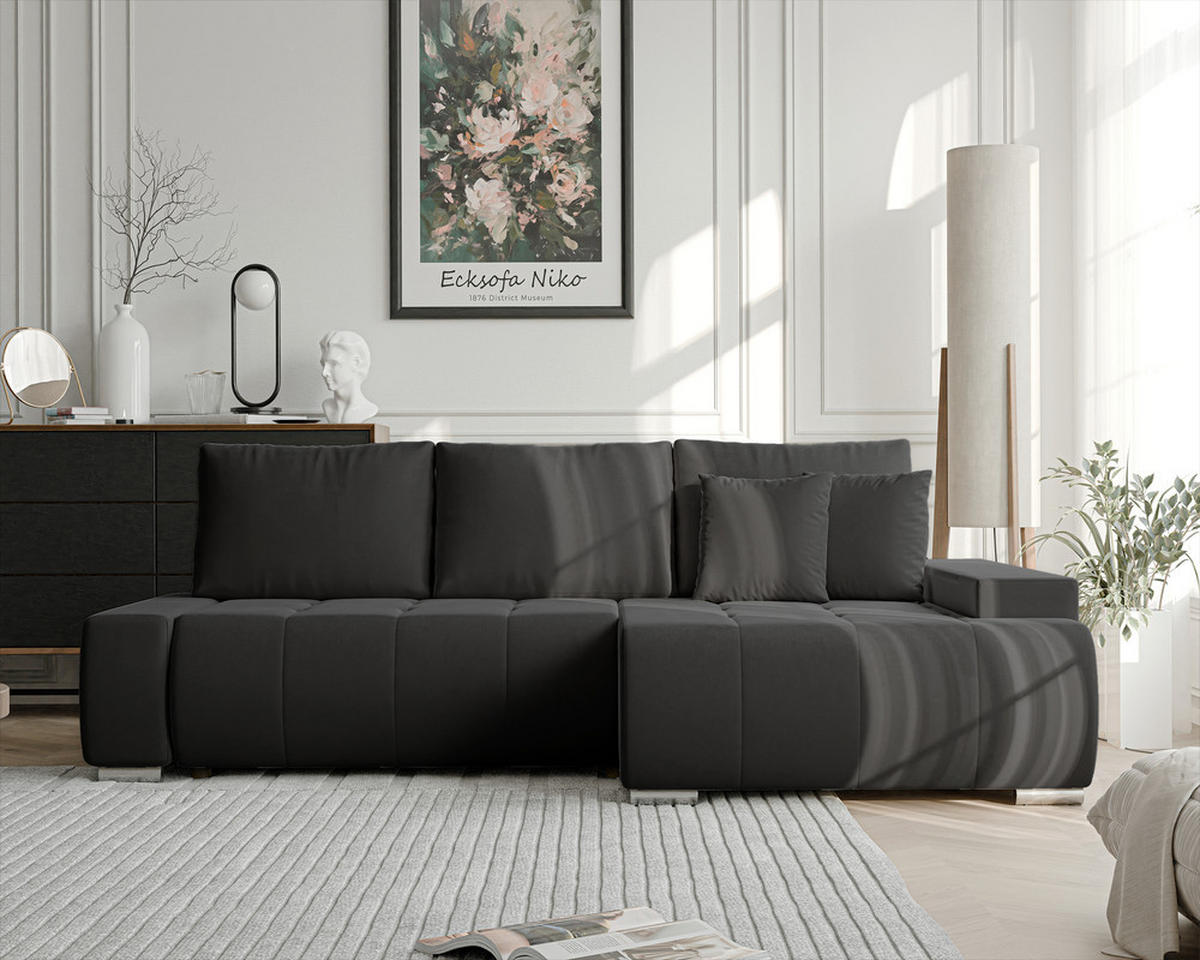ECKSOFA NIKO Rechts, mit Schlaffunktion und Bettkasten, Anthrazit - Anthrazit, Textil (227/153cm) - Idohome