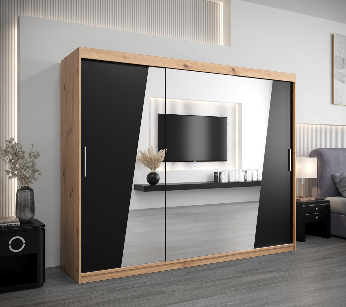 SCHWEBETÜRENSCHRANK 200/250/62 3-türig - Silberfarben/Schwarz, Holz/Kunststoff (250/200/62cm) - Abiks Möbel