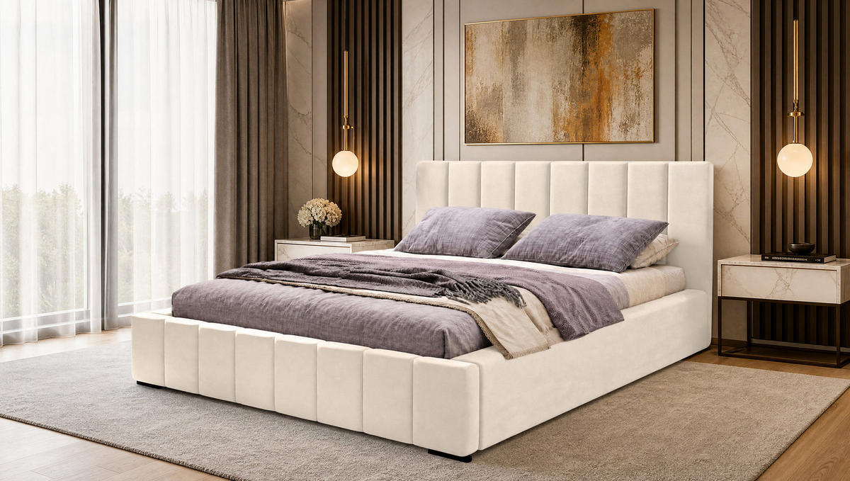 MARPUR Polsterbett NERO 180x200 cm mit Bettkasten und Lattenrost, Beige - Chromfarben/Beige, Holz/Holzwerkstoff (180/200cm) - Marpur