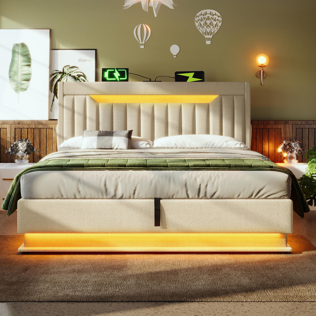 POLSTERBETT 140/200 cm Beige aus Leinen mit Stauraum, LED-Beleuchtung und USB - Beige, Textil (140/200cm) - Flora Grace