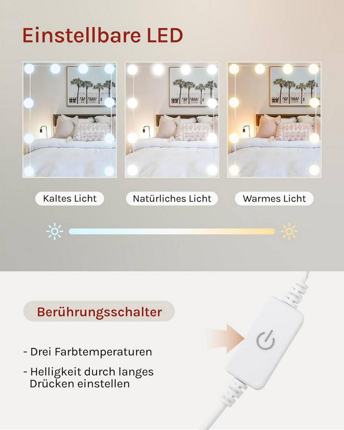 SCHMINKTISCH mit LED-Beleuchtung 90 cm Weiß - Weiß, Glas/Holzwerkstoff (90/40/135cm) - Woltu