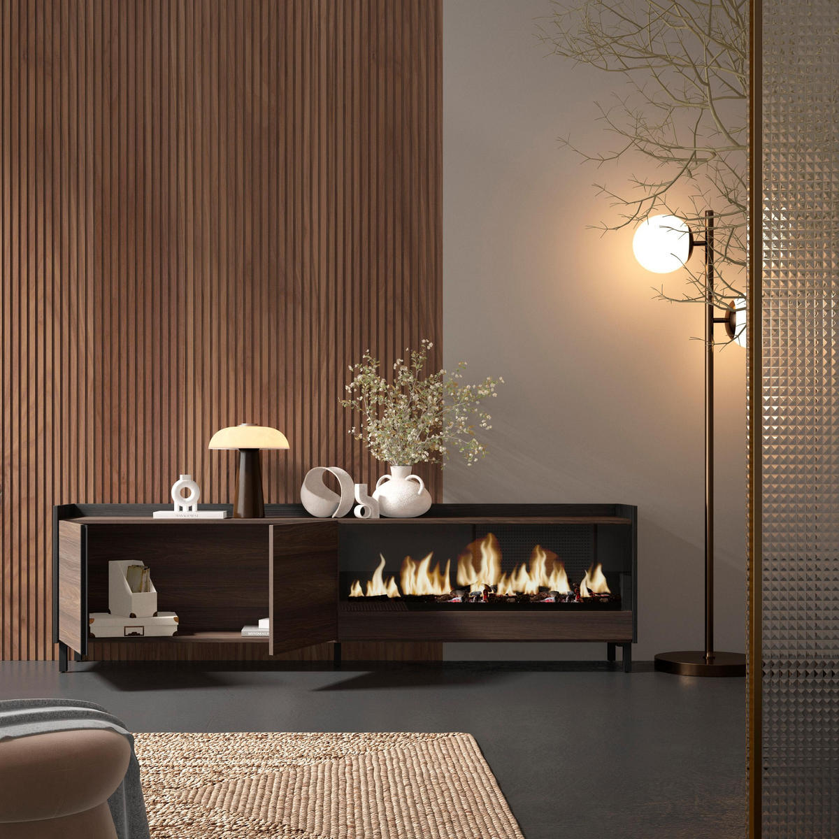 LOWBOARD, Eiche und Schwarz, 212/35/61cm, Kamin mit Feuereffekt XXL - Dunkelbraun, Holzwerkstoff (212/61/35cm) - Skraut Home