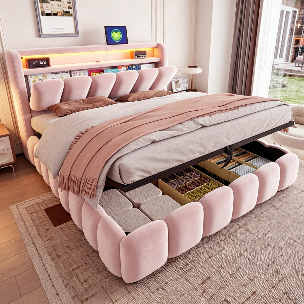 BOXBETT 180/200 mit LED/USB-C, Samt, Rosa - Rosa, Holz (180/200cm) - LVHOM