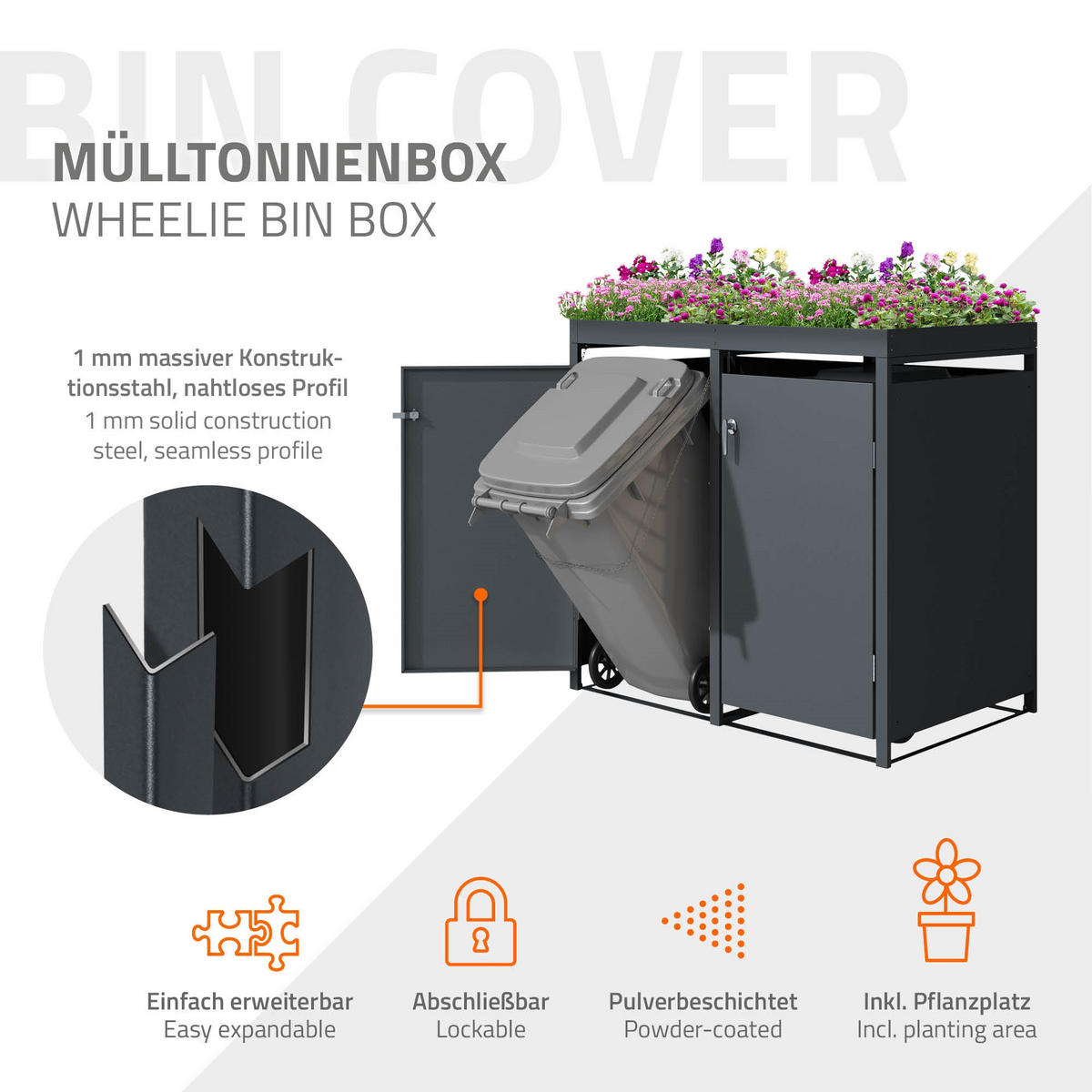 MÜLLTONNENBOX 4er mit Pflanzdach Anthrazit - Anthrazit, Metall (80/124/264cm) - ML-DESIGN