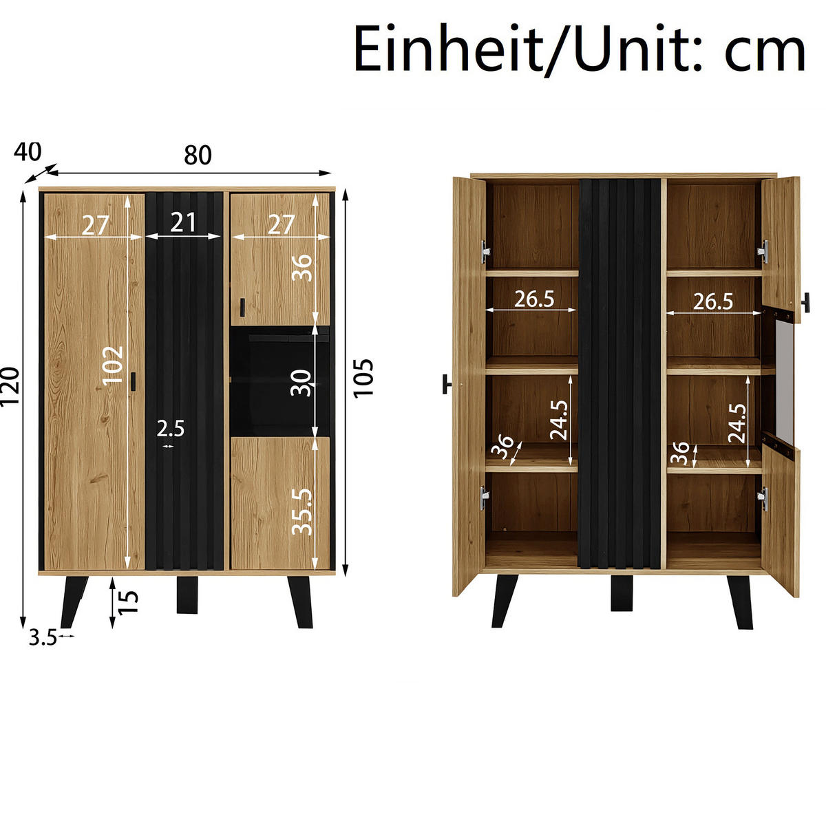 VITRINE 80/40/120 cm aus Spanplatte mit LED-Beleuchtung Holzfarben/Schwarz - Naturfarben, Holzwerkstoff (80/40/120cm) - Modenvie