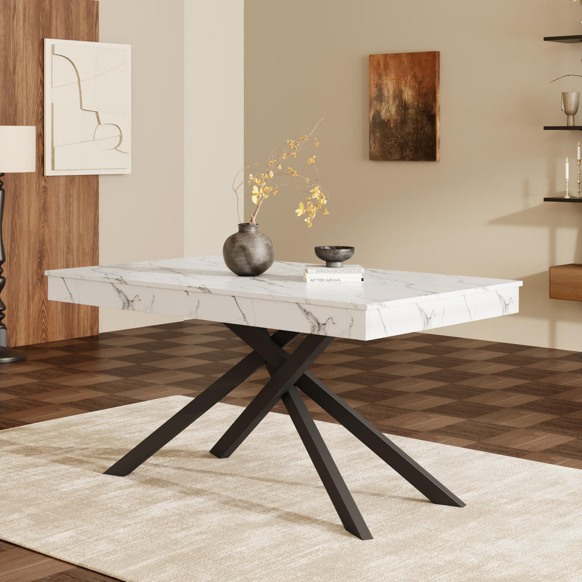 JEDILNA miza 140/180/80 cm z raztegljivo ploščo, 93 mm debelo ploščo in stabilnimi križnimi nogami, Bela - bela, leseni material (180/80/76cm) - Redom