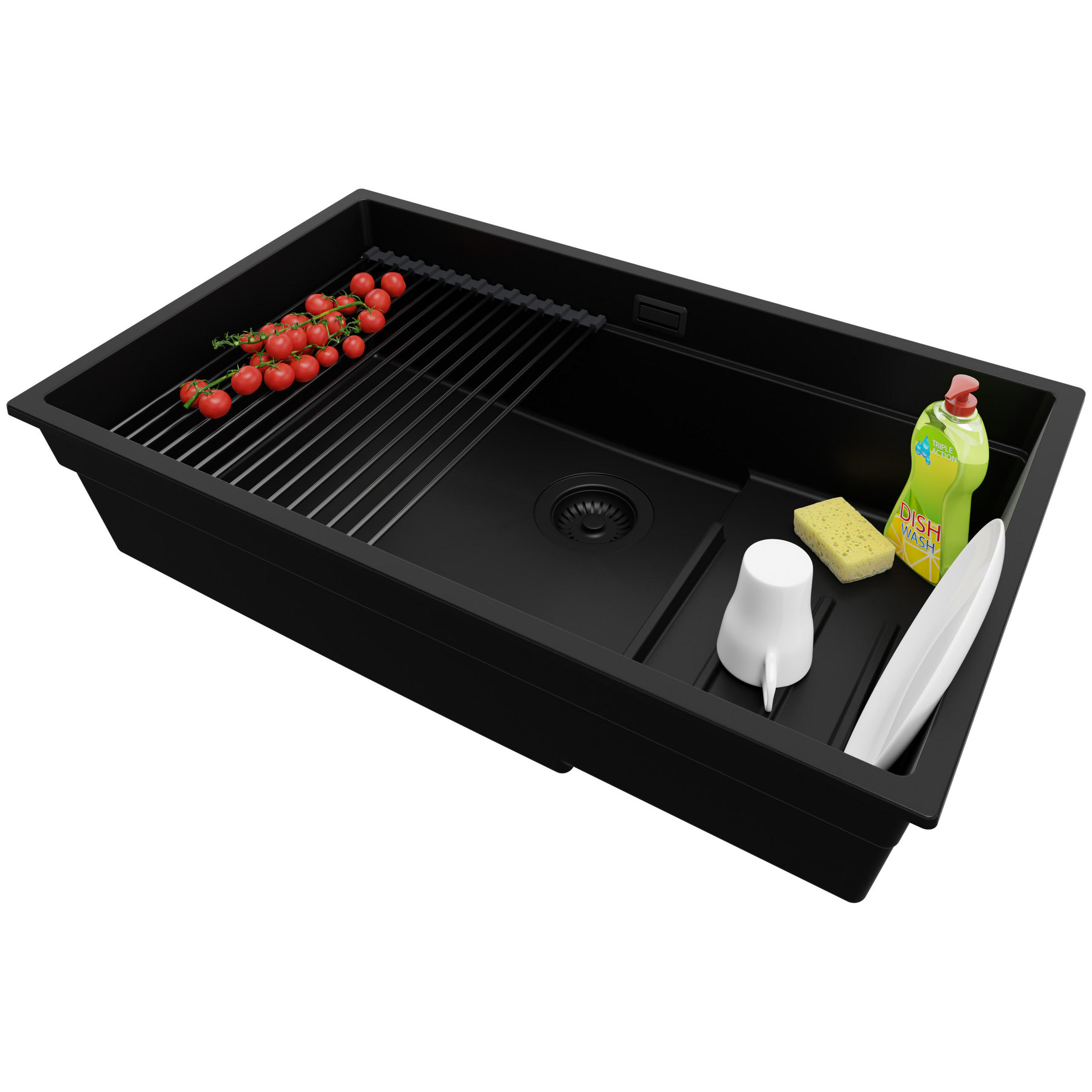 SPÜLBECKEN Praga Slim, 2-er set Alles Schwarz 76/47 cm 1 Becken + Ablauf-Set + Aufrollbare Abtropffläche ab 80er Unterschrank - Schwarz, Kunststoff (76/20/47cm) - Primagran