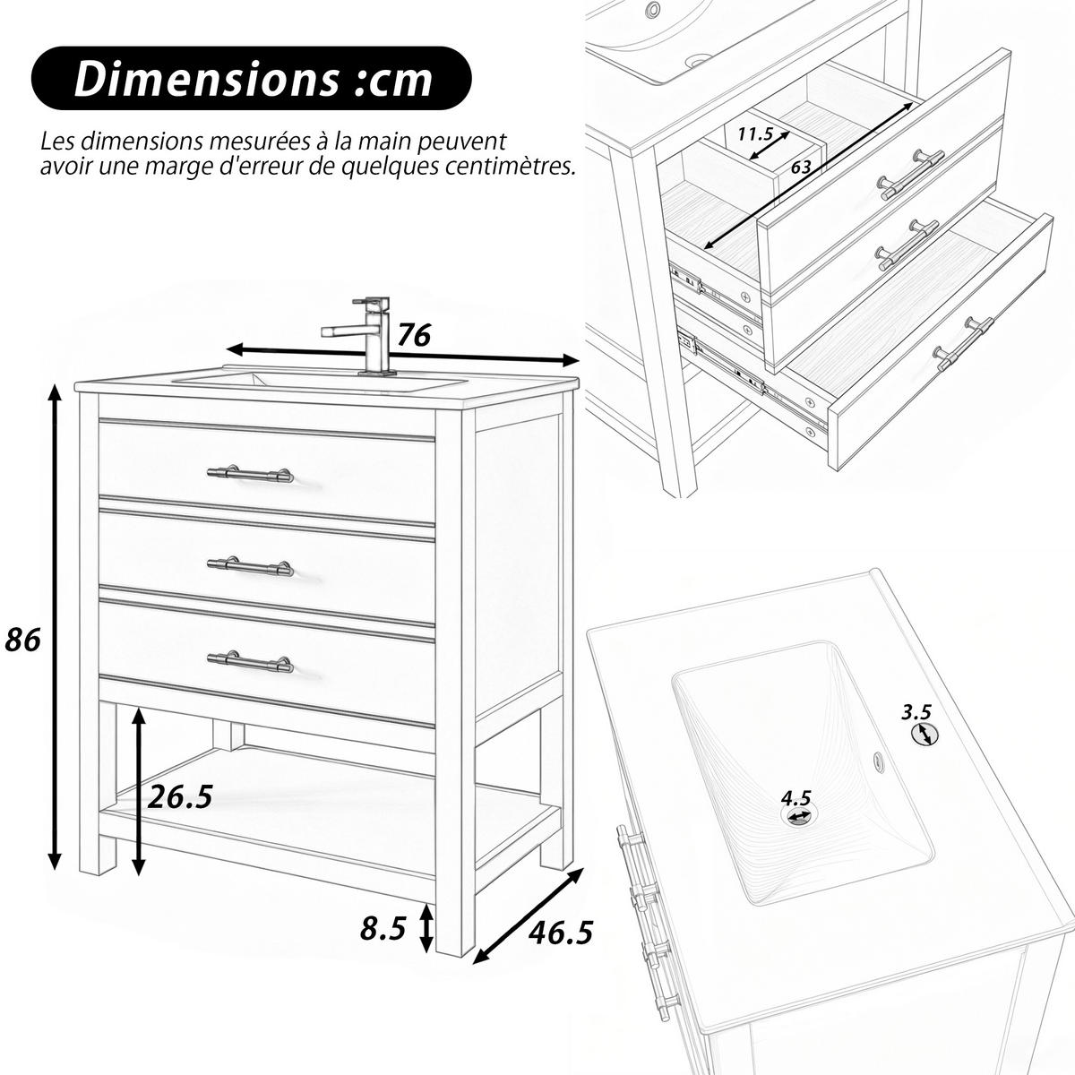 WASCHPLATZ Weiß 76/46,5/86 cm - Weiß, Holz (76/86/46.5cm) - PANGIVO