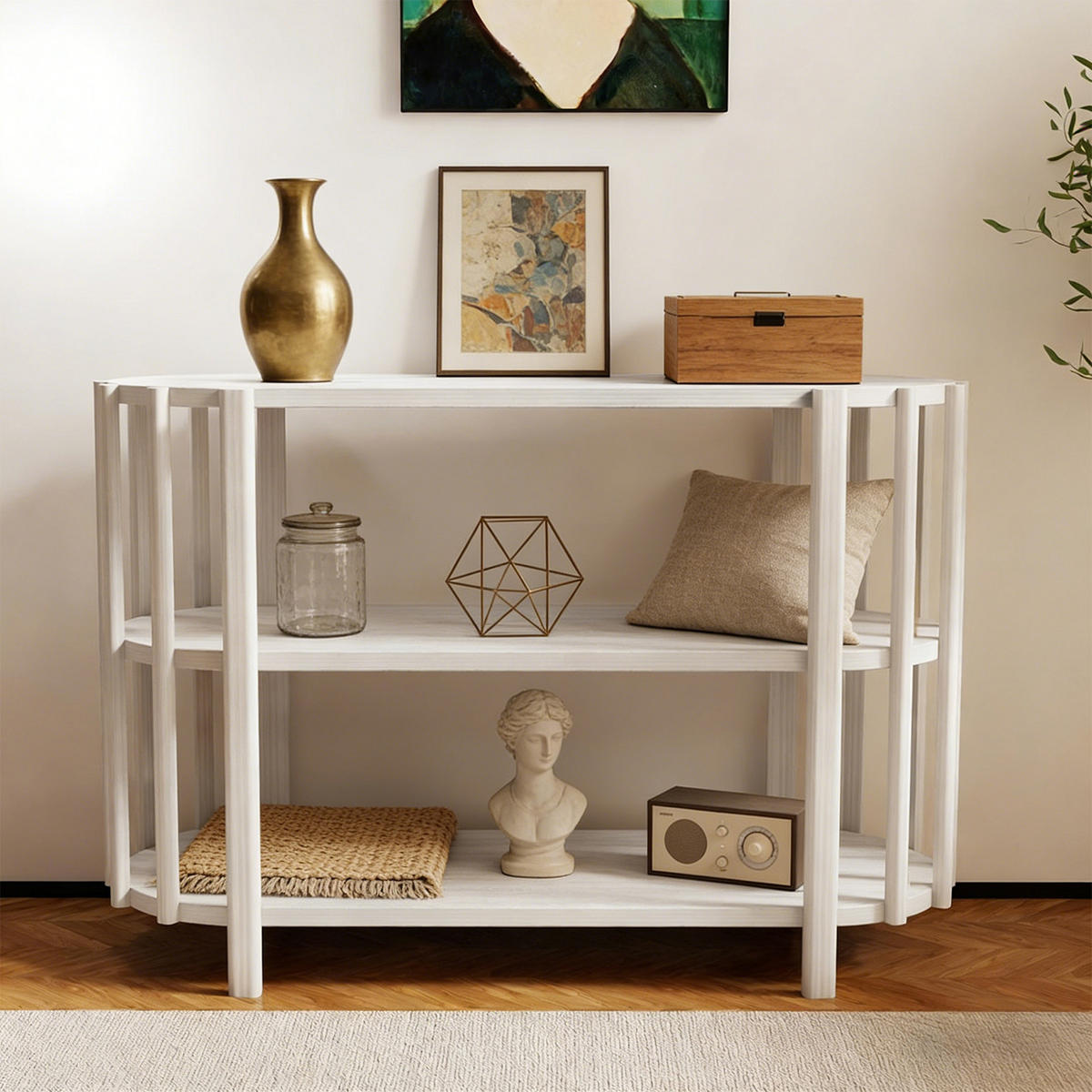 OVALER Couchtisch mit 3 Ablagen – Wohnzimmertisch in Holzoptik, MDF, 114 × 38 × 75 cm, Weiß - Weiß, Holzwerkstoff (114/38/75cm) - Ej. Life