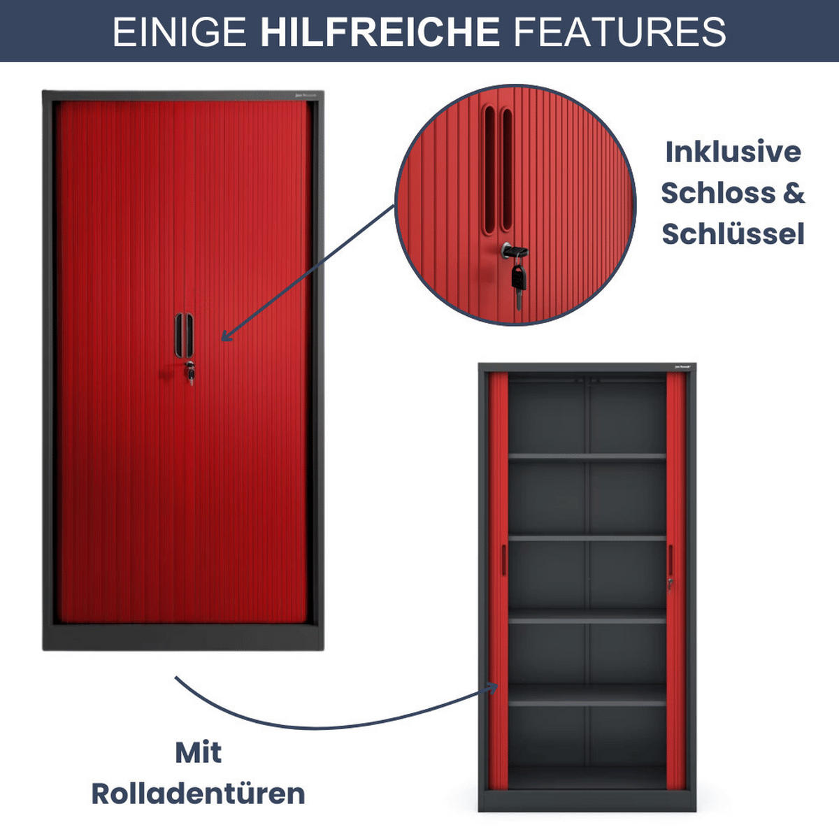 AKTENSCHRANK abschließbar KETI mit Rolladentüren 185x90x45cm Anthrazit-Rot - Anthrazit, Metall (90/185/45cm) - DELUKE