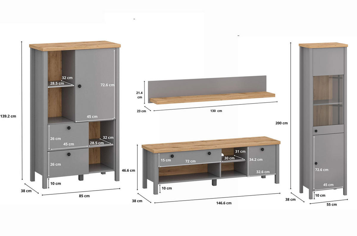 WOHNWAND Melini schiefergrau / Eiche Delano hell 4-teilig - Schieferfarben/Eichefarben, Holzwerkstoff/Metall (286/200/38cm) - Feldmann-Wohnen