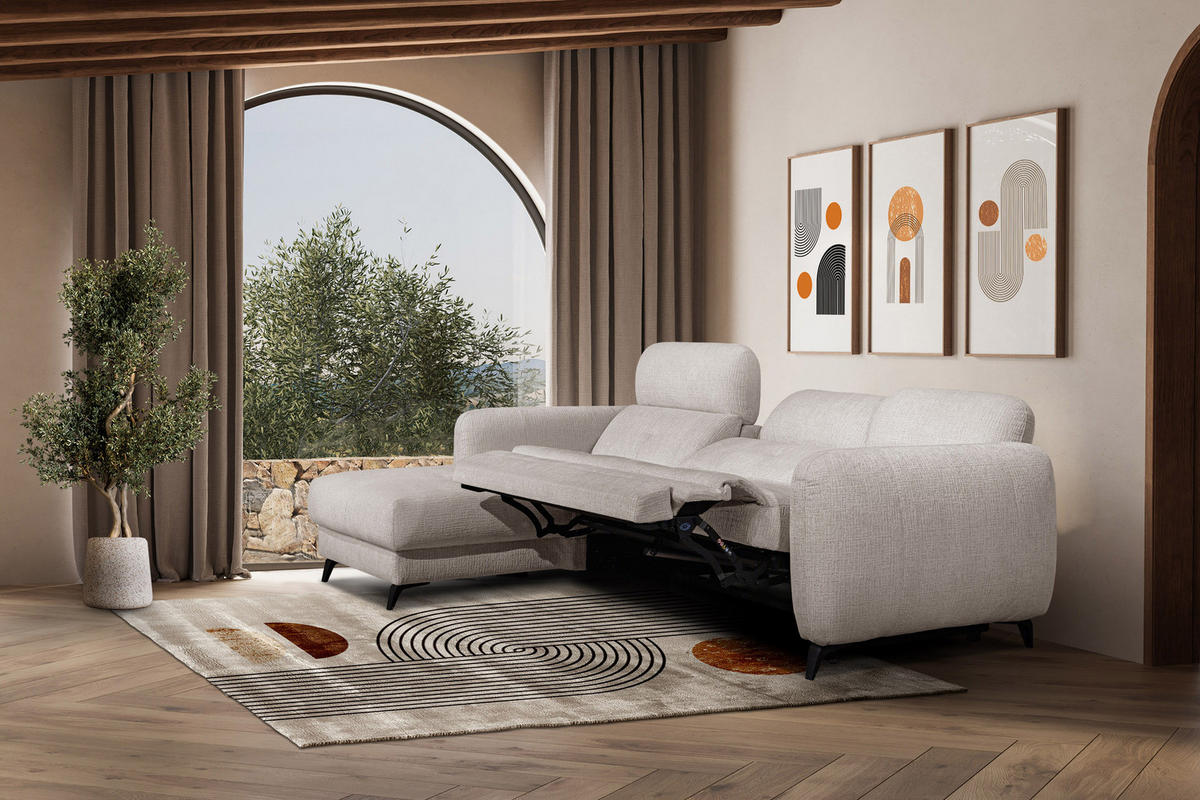 ECKSOFA SVEN 3-Sitzer, 1 Relax XL, verstellbare Kopfstützen, creme - Creme/Schwarz, Holzwerkstoff/Textil (256/163cm) - Courtois Laville