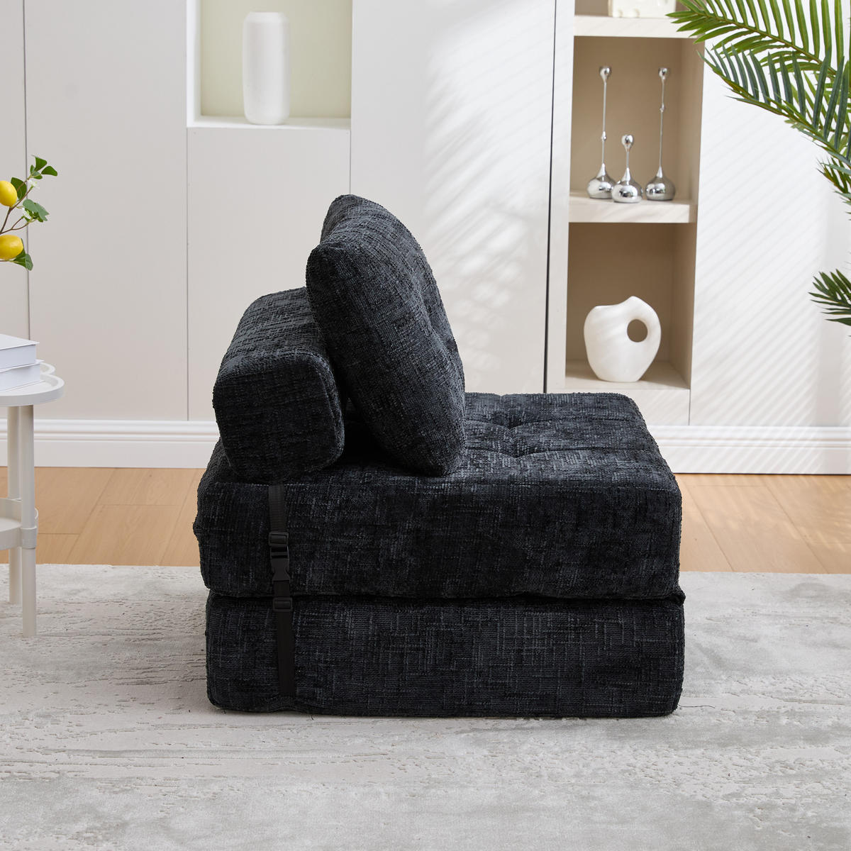 SCHLAFSESSEL Klappbares mit Kopf und Lumbalkissen Chenille Schwarz 79/79/57 cm - Schwarz, Textil (79/57/79cm) - OKWISH