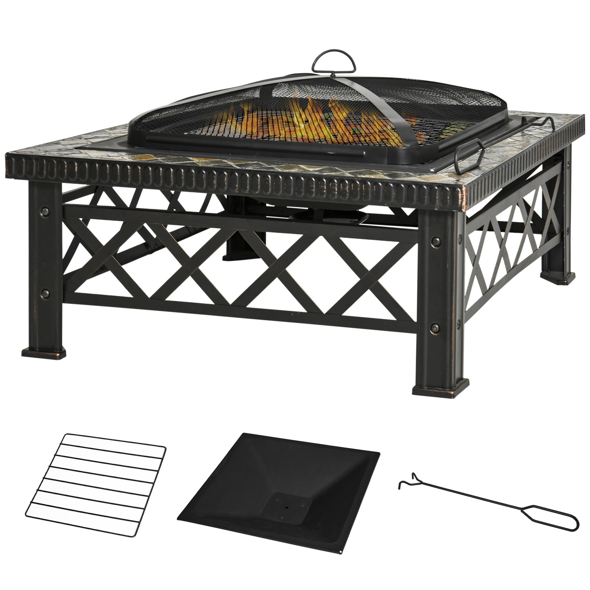 FEUERSCHALE, Schiefer, Stahl, Schwarz - Schwarz, Naturmaterialen/Metall (76/47/76cm) - Outsunny