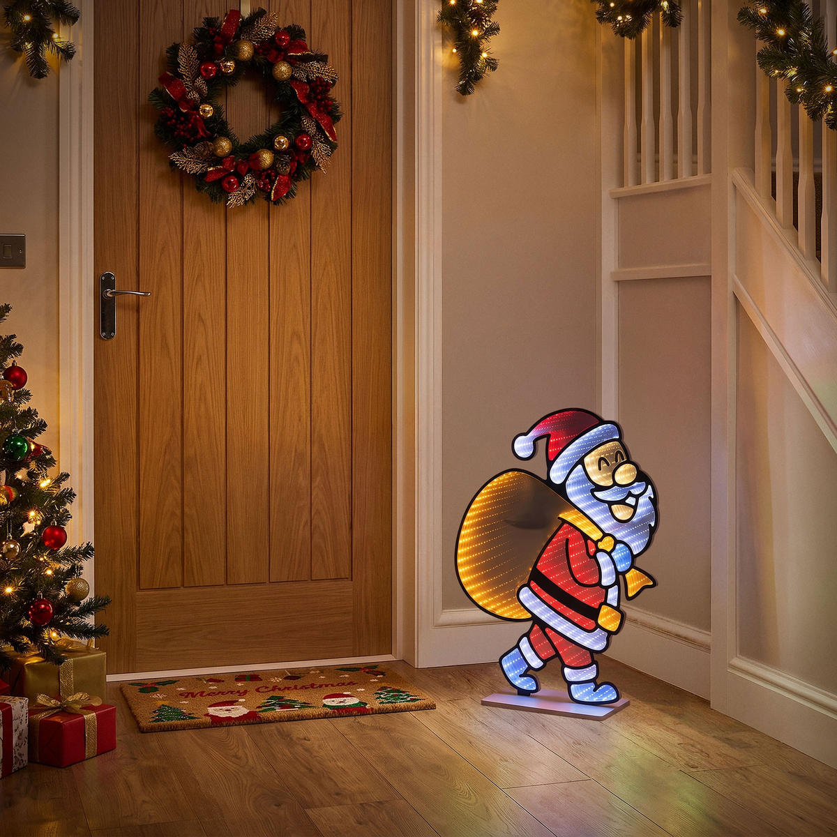 VÁNOČNÍ DEKORACE Santa Claus s pytlem na dárky LED Infinity Mirror 3D efekt s řetězem světel 47x60 cm pro vnitřní použití - různobarevná, plast (47/60/15cm) - ECD-Germany