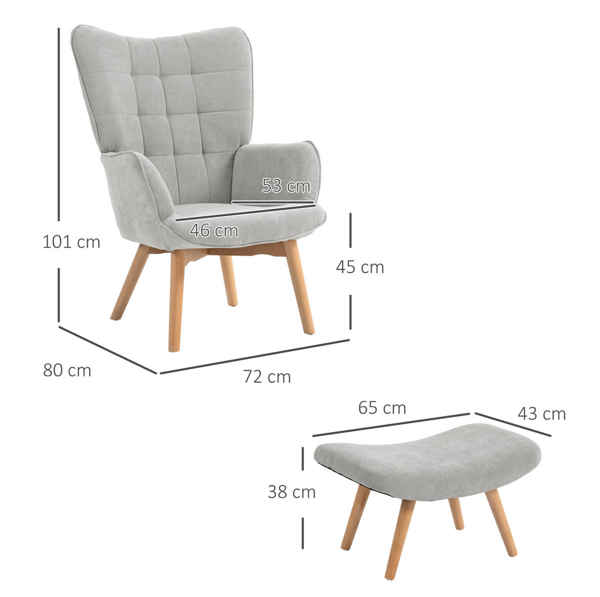 OHRENSESSEL Set Polyester mit Hocker, Holzbeinen 72/80/101 cm Grau - Grau, Textil (72/101/80cm) - Redom