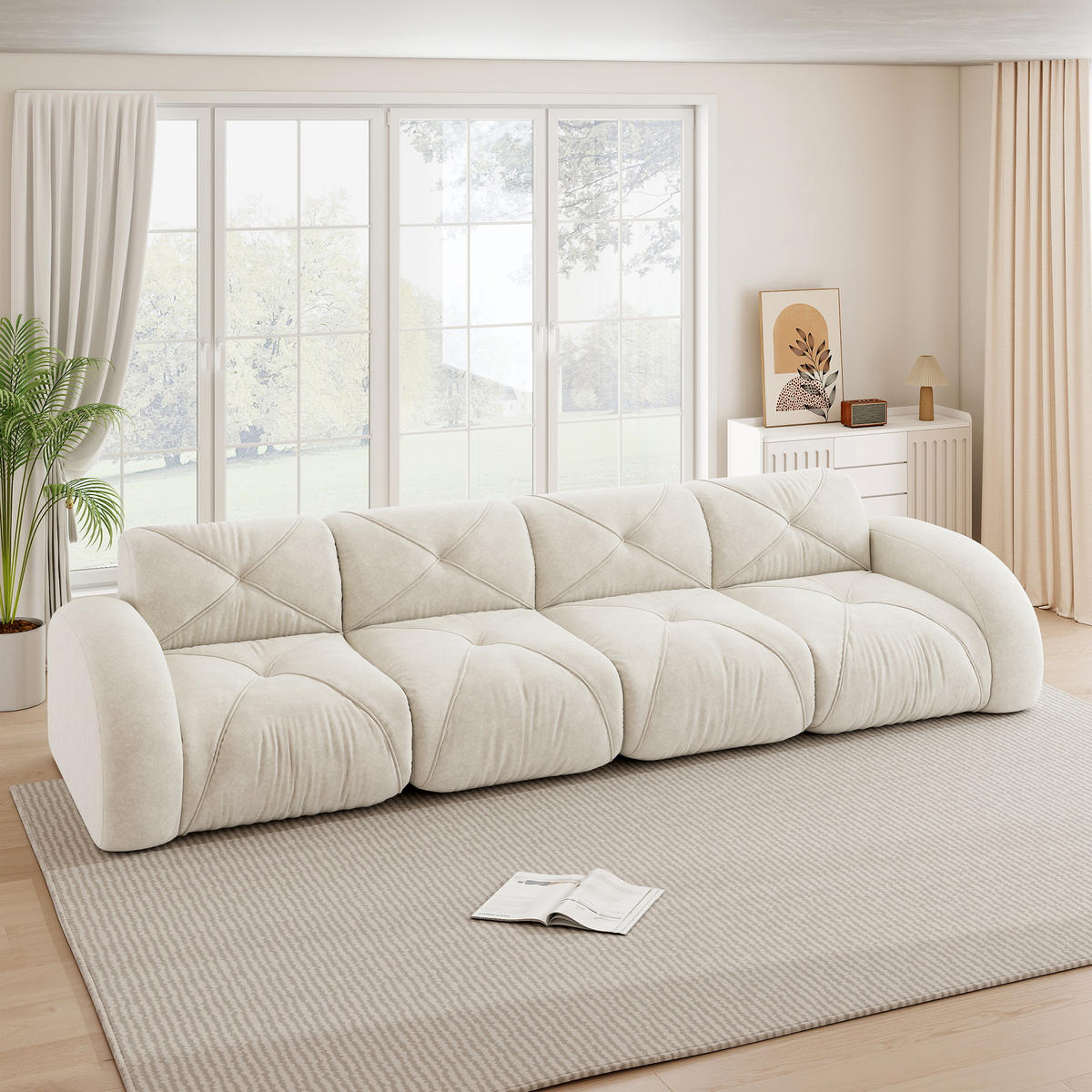 4-SITZER Sofa 358x95x76 cm aus Chenille-Stoff rahmenlos modular, weiß - Weiß, Textil (95/76/358cm) - Luhomfu