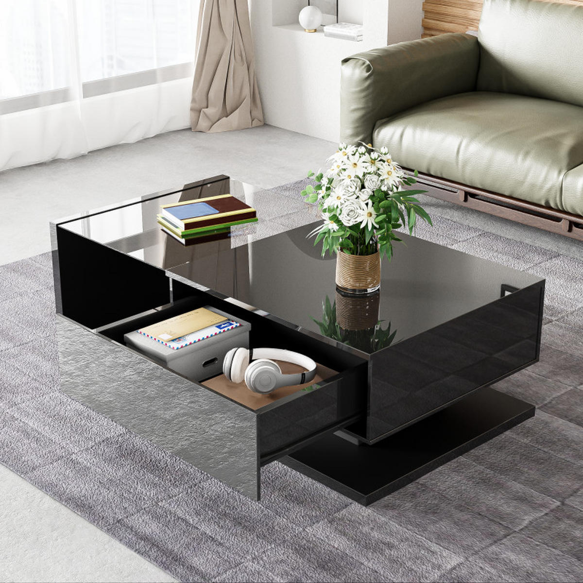 COUCHTISCH Schwarz Hochglanz 105x55x32 cm, Glasplatte, Ablagefach, Wohnzimmer - Schwarz, Holz (55/105/32cm) - PARAFTA HOME