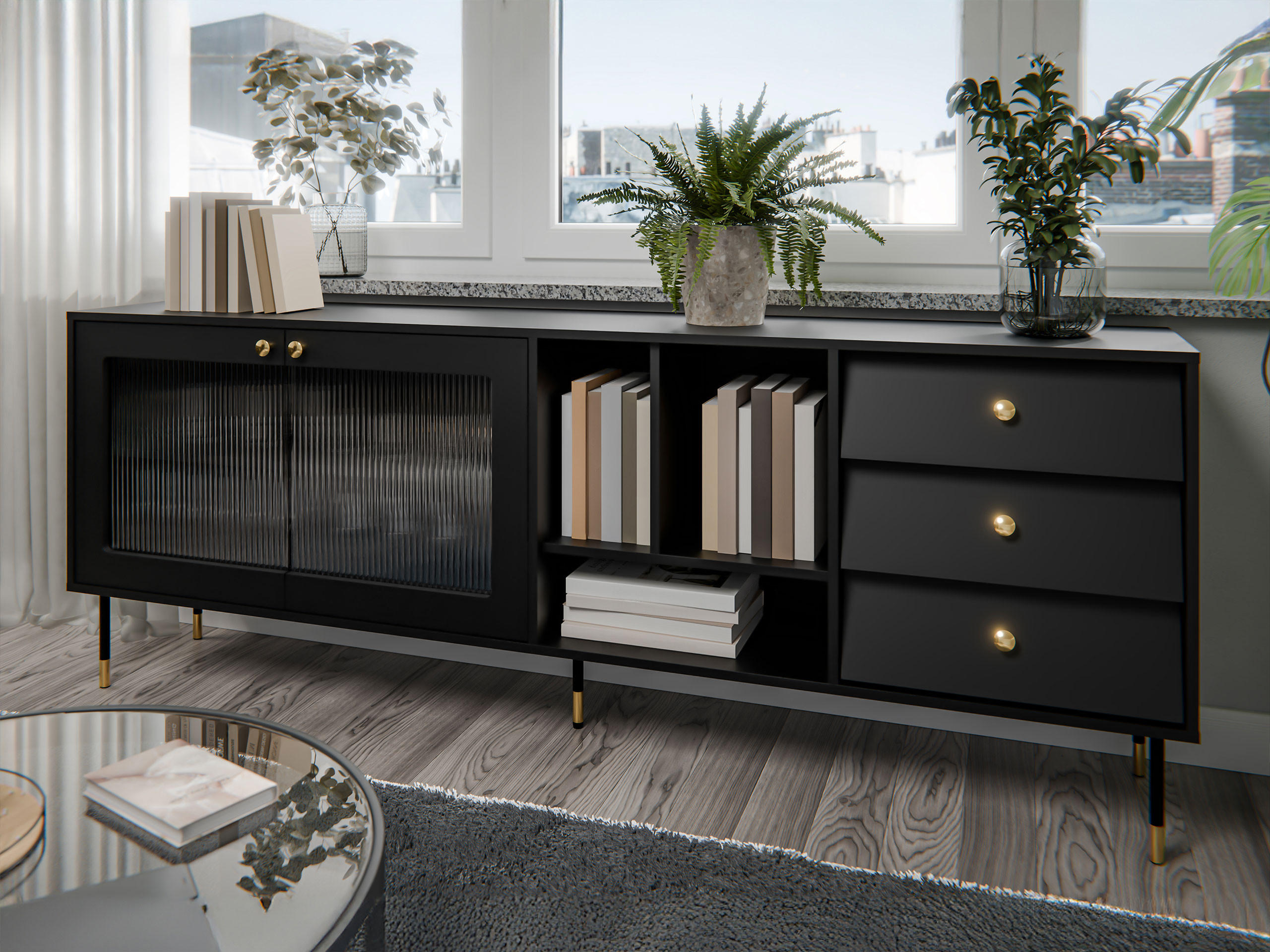 SIDEBOARD Valerio 200 - Goldfarben/Schwarz, Holzwerkstoff/Kunststoff (200/75/39cm) - MIRJAN24