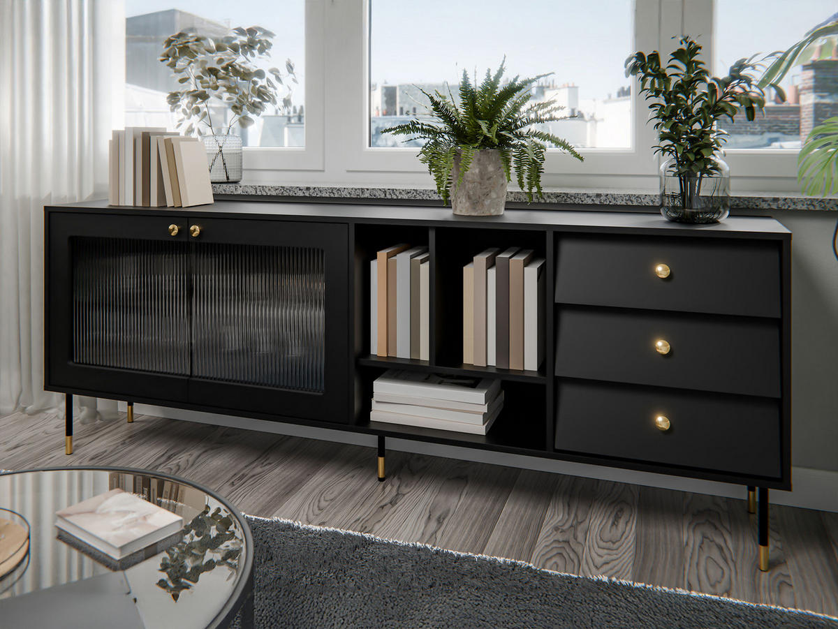 SIDEBOARD Valerio 200 - Goldfarben/Schwarz, Holzwerkstoff/Kunststoff (200/75/39cm) - MIRJAN24