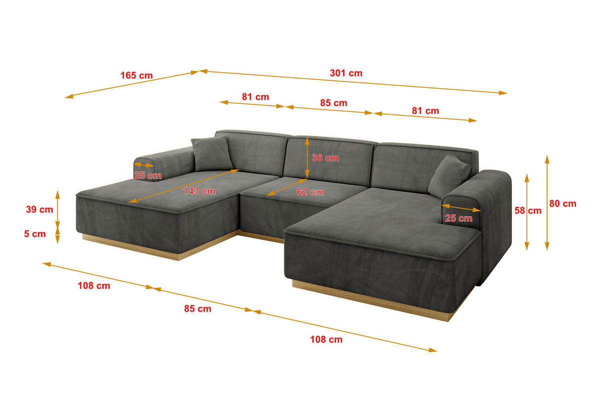 WOHNLANDSCHAFT IREA-U1-v2 - 301x165x80 cm Ecru - Anthrazit, Holzwerkstoff/Textil (301/80/165cm) - ALTDECOR
