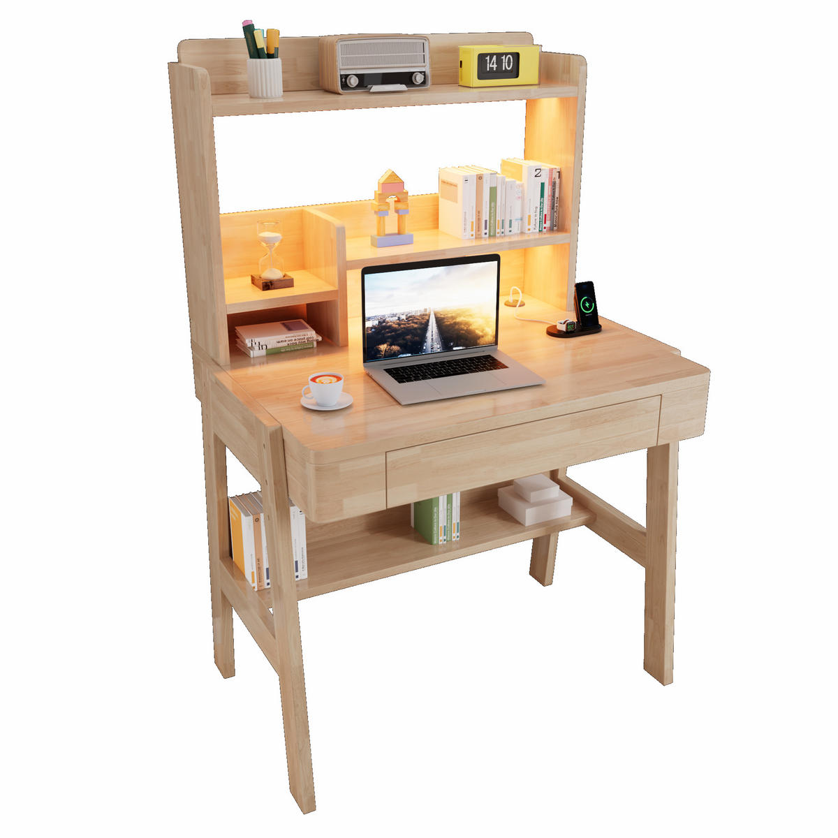 SCHREIBTISCH Naturfarben 84/60/127,5 cm mit LED-Lichtleiste und USB-Anschluss - Naturfarben, Holz (60/84/127.5cm) - PANGIVO