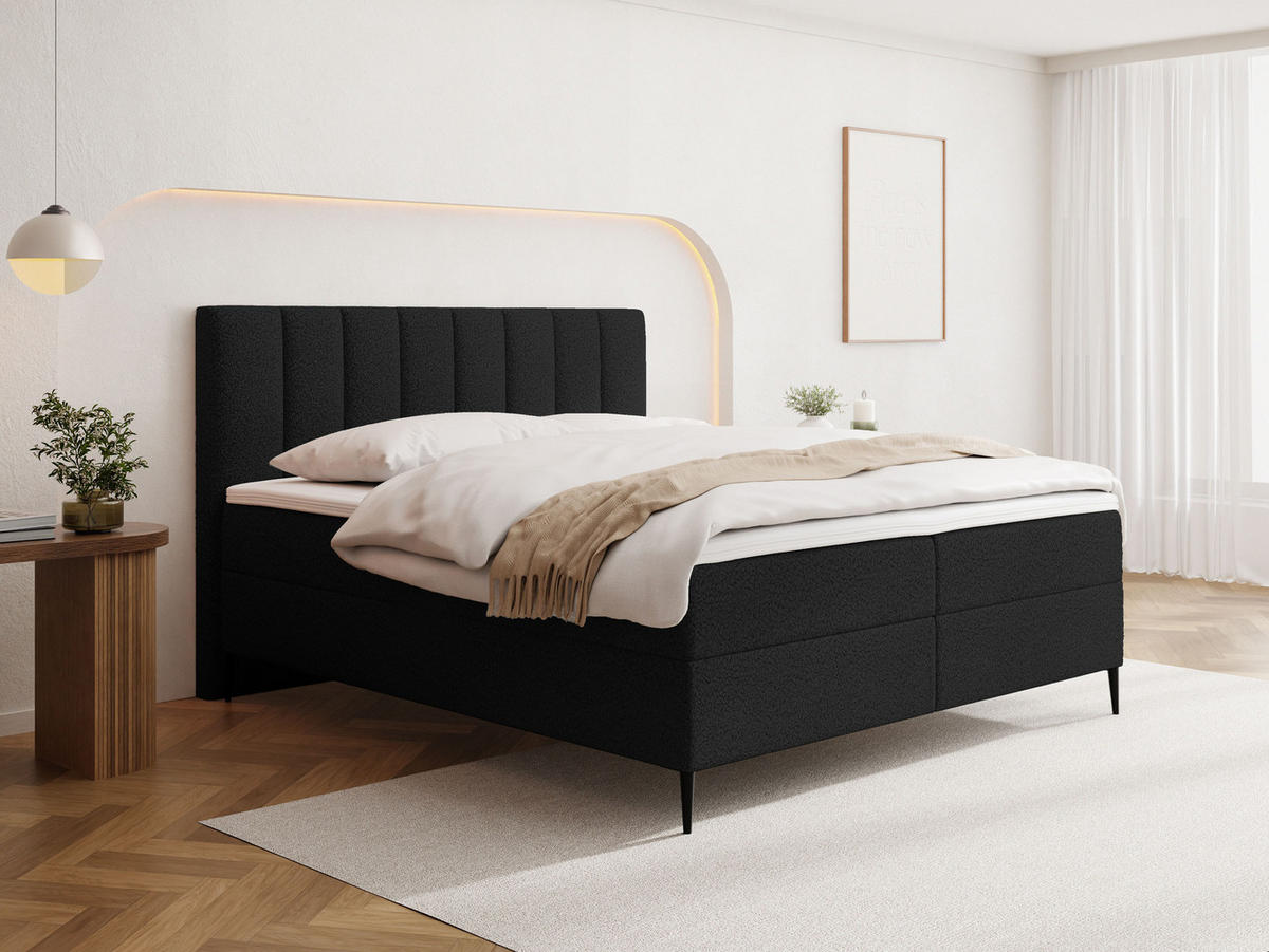 BOXBETT Allen mit Bettkasten, Boucle Schwarz 120x200 cm – inkl. H4 Taschenfederkern Matratze & Foam Topper - Schwarz, Holzwerkstoff/Metall (120/200cm) - WFL GROUP