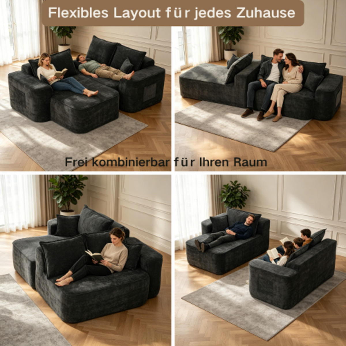 ECKSOFA aus Chenille mit modularem Design, schwarz - Schwarz, Textil (144/262cm) - Luhomfu