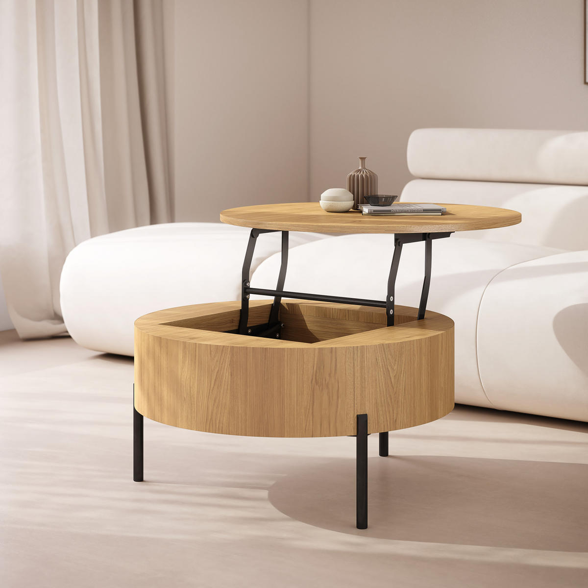 COUCHTISCH rund aufklappbar höhenverstellbar Stauraum 79/79/42 cm - Eichefarben, Holzwerkstoff (79.5/79.5/42.7cm) - designimpex