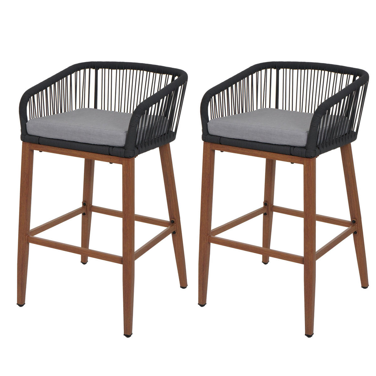GARTENSTUHL 2er-Set HxBxT 92x51x53cm Sitzhöhe 76cm Anthrazit Kissen Hellgrau Seilgeflecht Metall Holz-Optik - Anthrazit, Metall (51/92/53cm) - PROREGAL