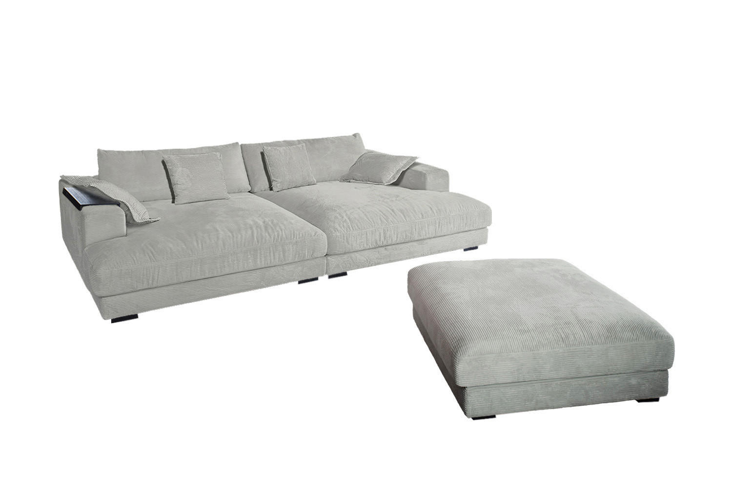 BIG SOFA-SET MIT TABLETT SCHWARZ MADELINE Hellgrau Cord - Hellgrau/Schwarz, Kunststoff/Textil (290/85/170cm) - KAWOLA
