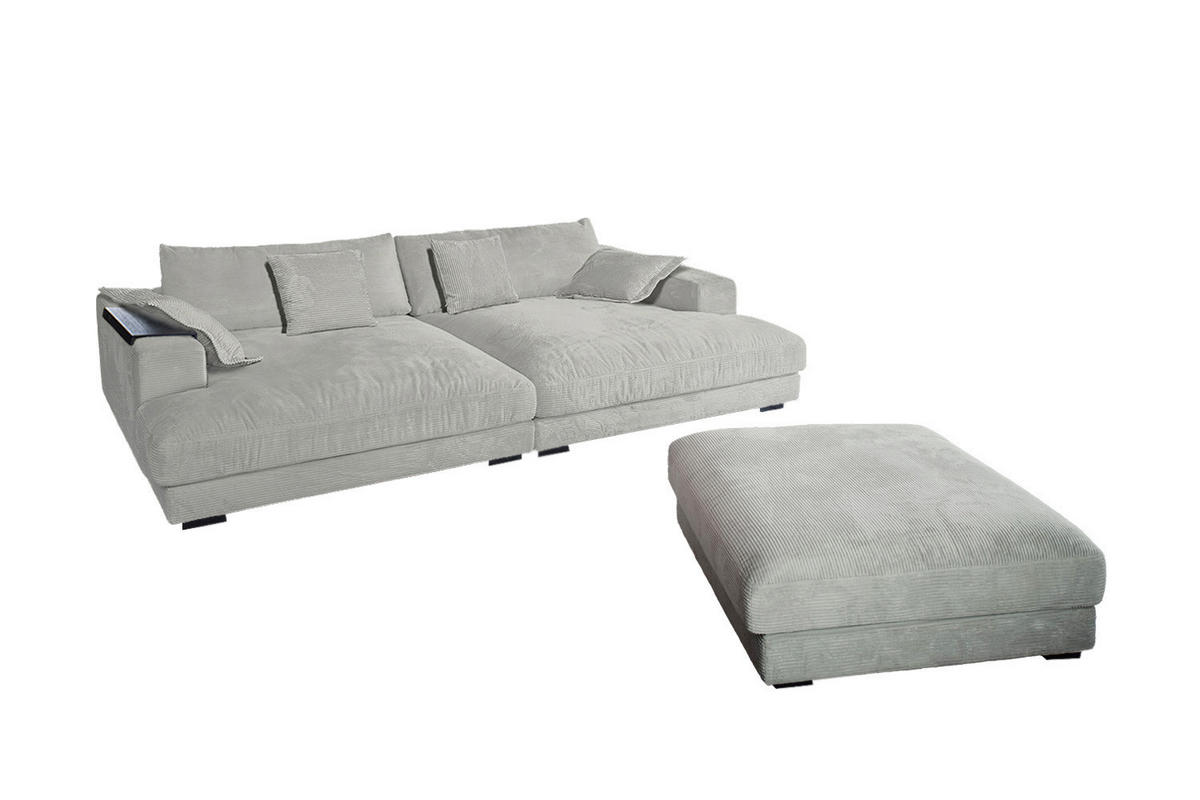 BIG SOFA-SET MIT TABLETT SCHWARZ MADELINE Hellgrau Cord - Hellgrau/Schwarz, Kunststoff/Textil (290/85/170cm) - KAWOLA