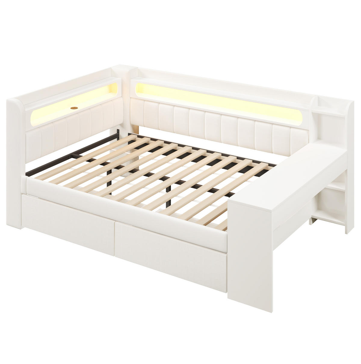 POLSTERBETT 140/200 cm mit LED-Beleuchtung, USB, Schreibtisch und 2 Schubladen, gepolstert, Weiß - Weiß, Holzwerkstoff (140/200cm) - Redom