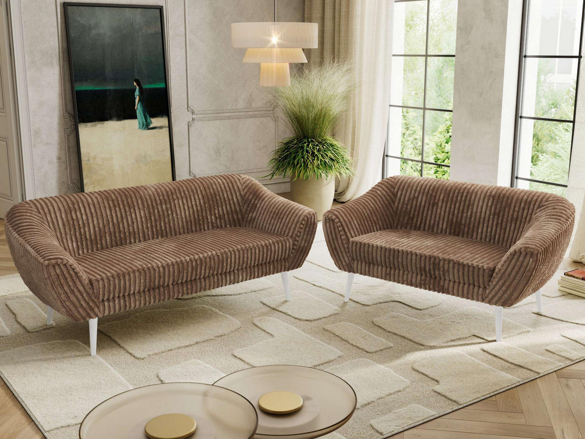 SEDACÍ SOUPRAVA 3+2 PIRS - Hnědá Manšestr - Bílé nohy - bílá/hnědá, kompozitní dřevo/textil (180/75/74cm) - MKS