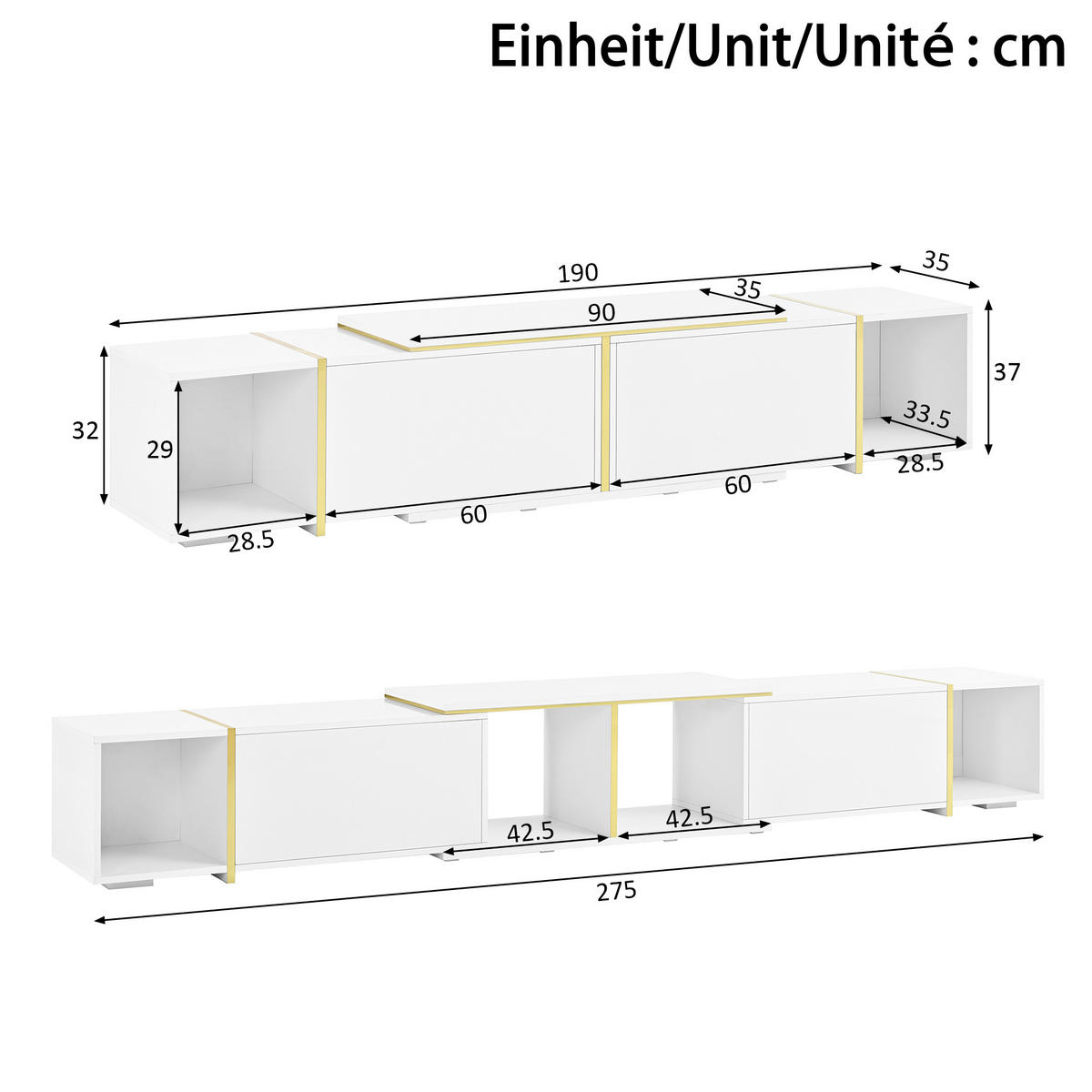 TV-LOWBOARD ausziehbar 275 x 35 x 37 cm, Spanplatte, Hochglanzfronten, Weiß - Weiß, Holzwerkstoff (275/37/35cm)