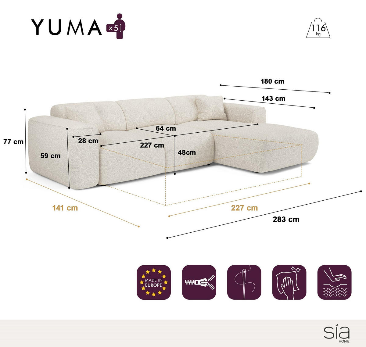 RECHTWINKLIGES Schlafsofa YUMA Geprägter Samt Taupe 283cm - Taupe, Textil (283/180cm) - Sia Home