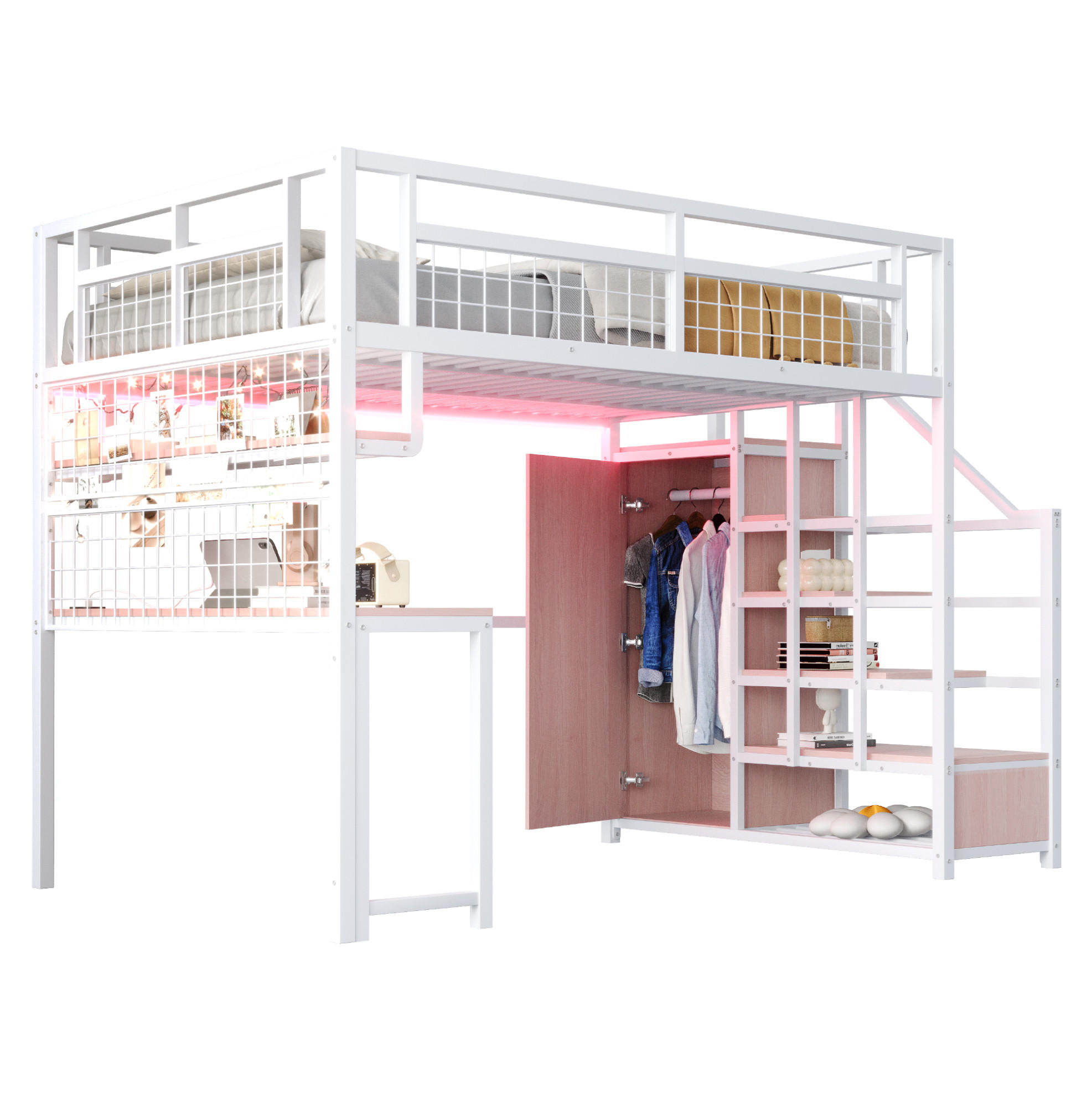 PATROVÁ postel 140/200 cm bílá kovová s psacím stolem a úložným prostorem - bílá, kompozitní dřevo (140/200cm) - OKWISH