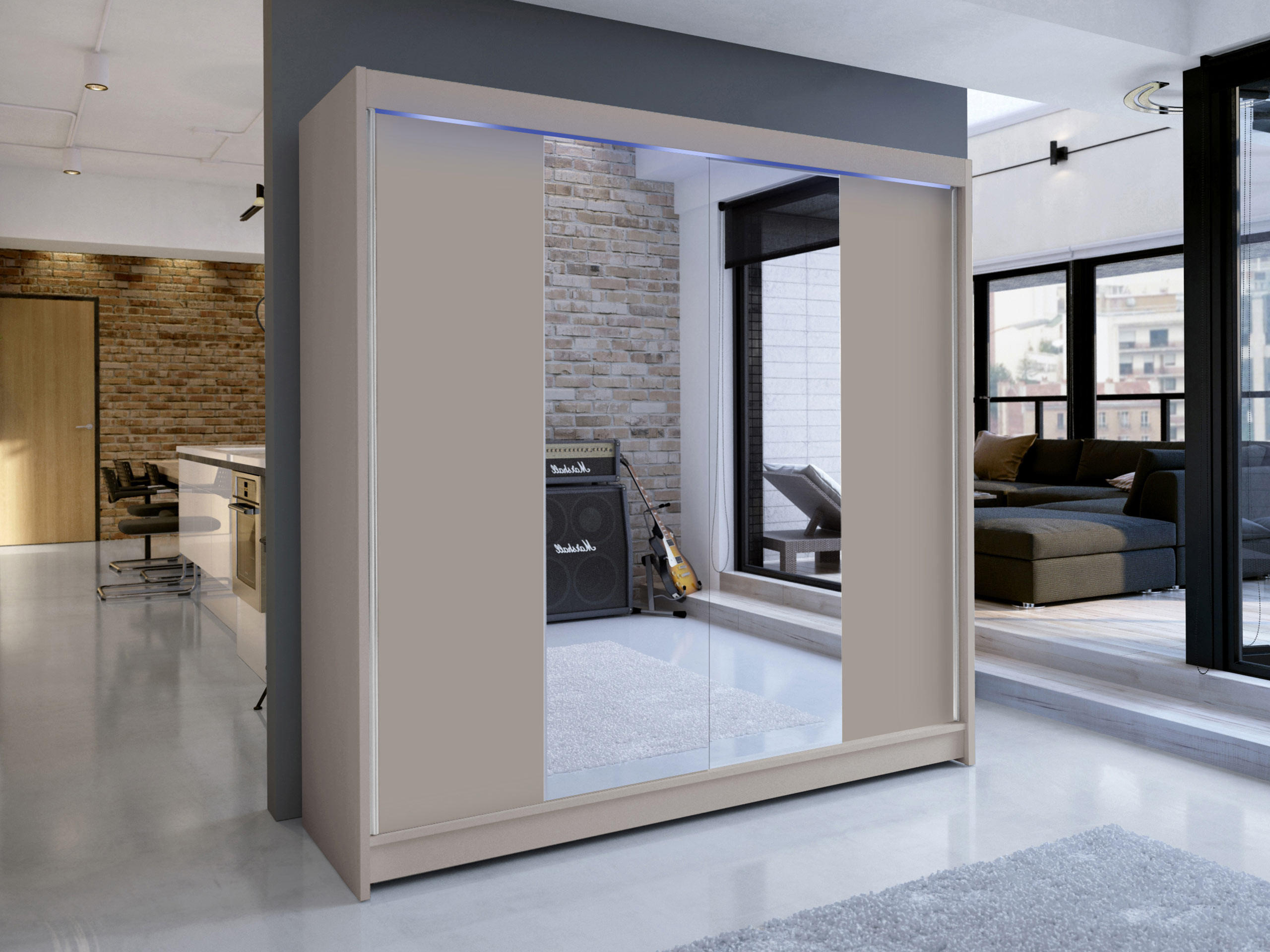 SCHWEBETÜRENSCHRANK Talin II, mit RGB LED Beleuchtung - Kaschmir/Silberfarben, Holzwerkstoff/Metall (180/215/58cm) - MIRJAN24