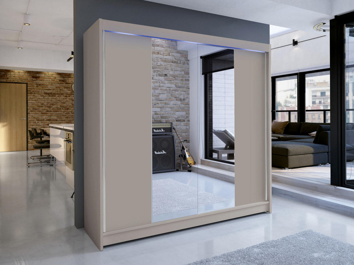 SCHWEBETÜRENSCHRANK Talin II, mit RGB LED Beleuchtung - Kaschmir/Silberfarben, Holzwerkstoff/Metall (180/215/58cm) - MIRJAN24