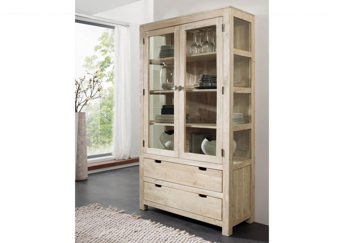 VITRINE Akazie 110x45x200 white stone getüncht NATURE WHITE #65 - Beige, Holz (110/200/45cm) - Massivmoebel24
