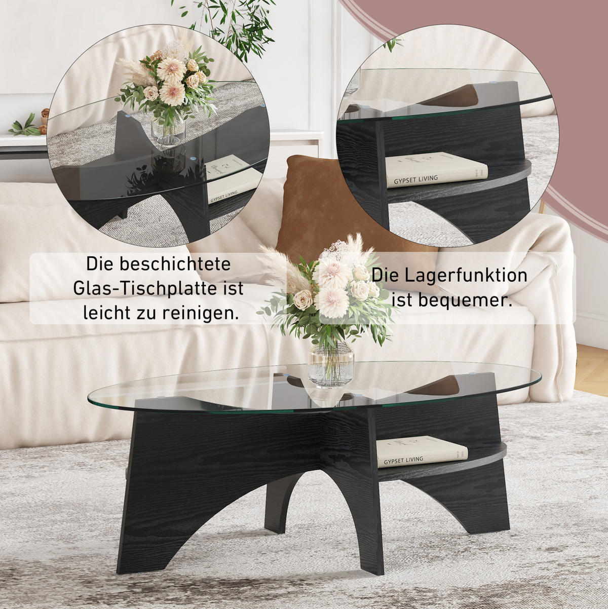 COUCHTISCH 104,9/60/35,6 cm Schwarz Transparent aus MDF und Sicherheitsglas - Schwarz, Holzwerkstoff (104.9/60/35.6cm) - OKWISH