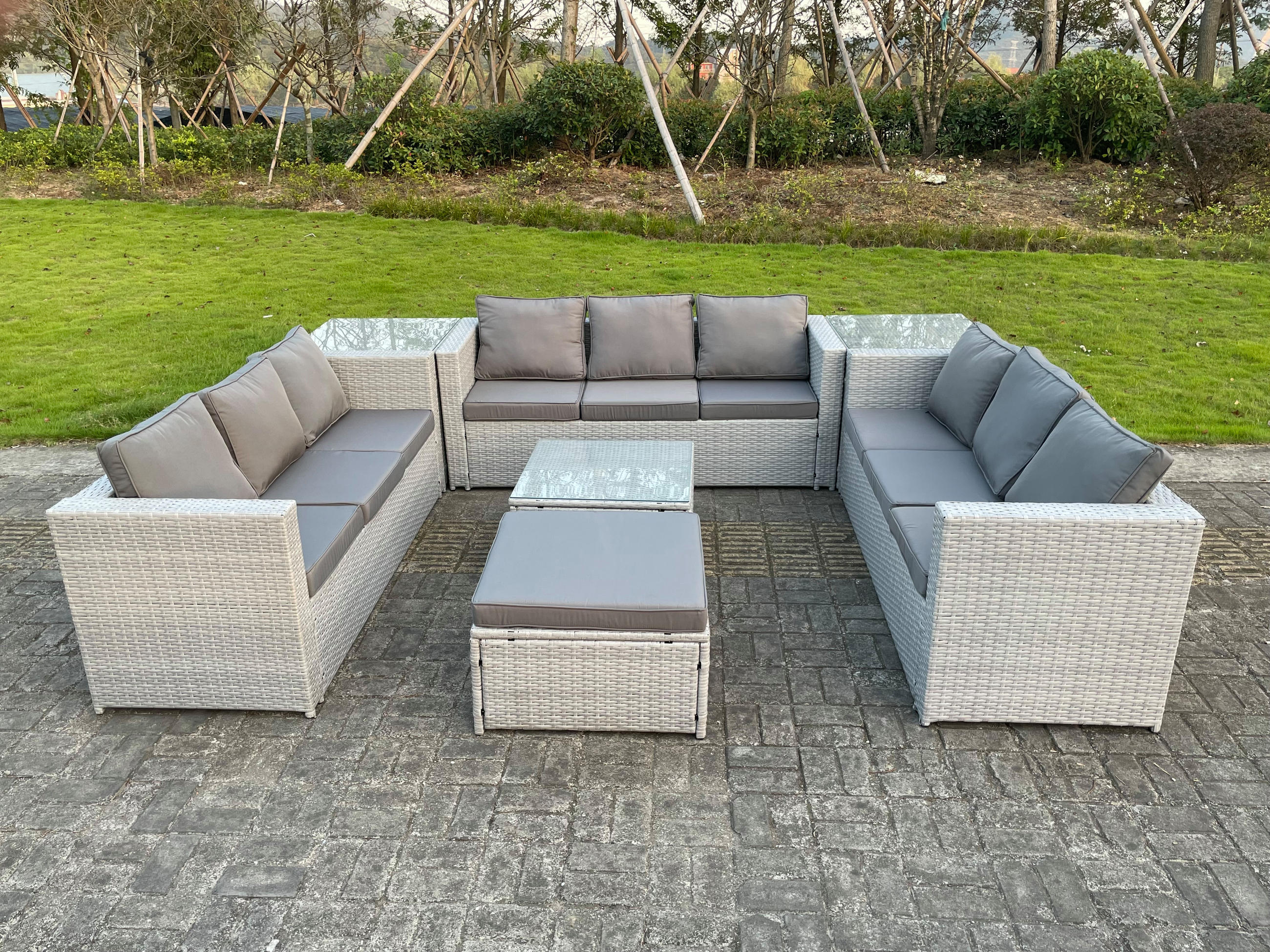 GARTENMÖBEL SET Polyrattan Helles Grau 10-Sitzer - Hellgrau, Metall - Fimous
